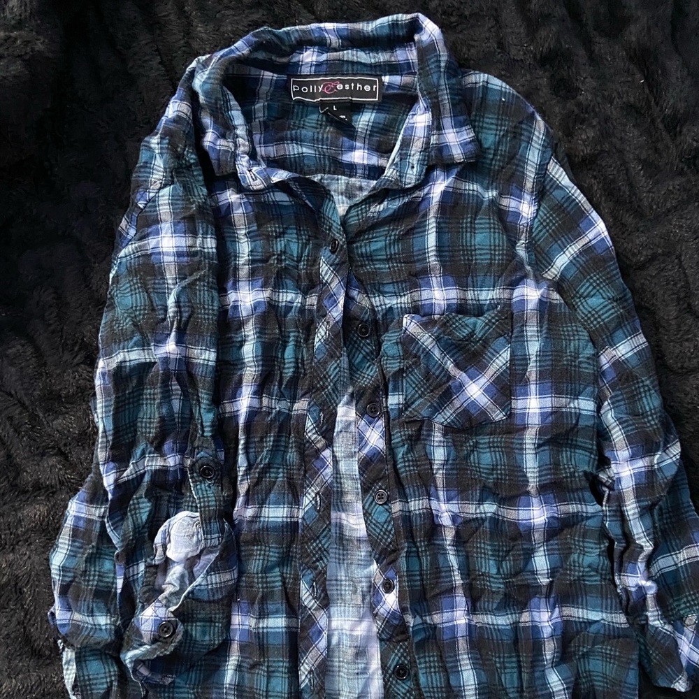 Multi-colored blue flannel with back graphic